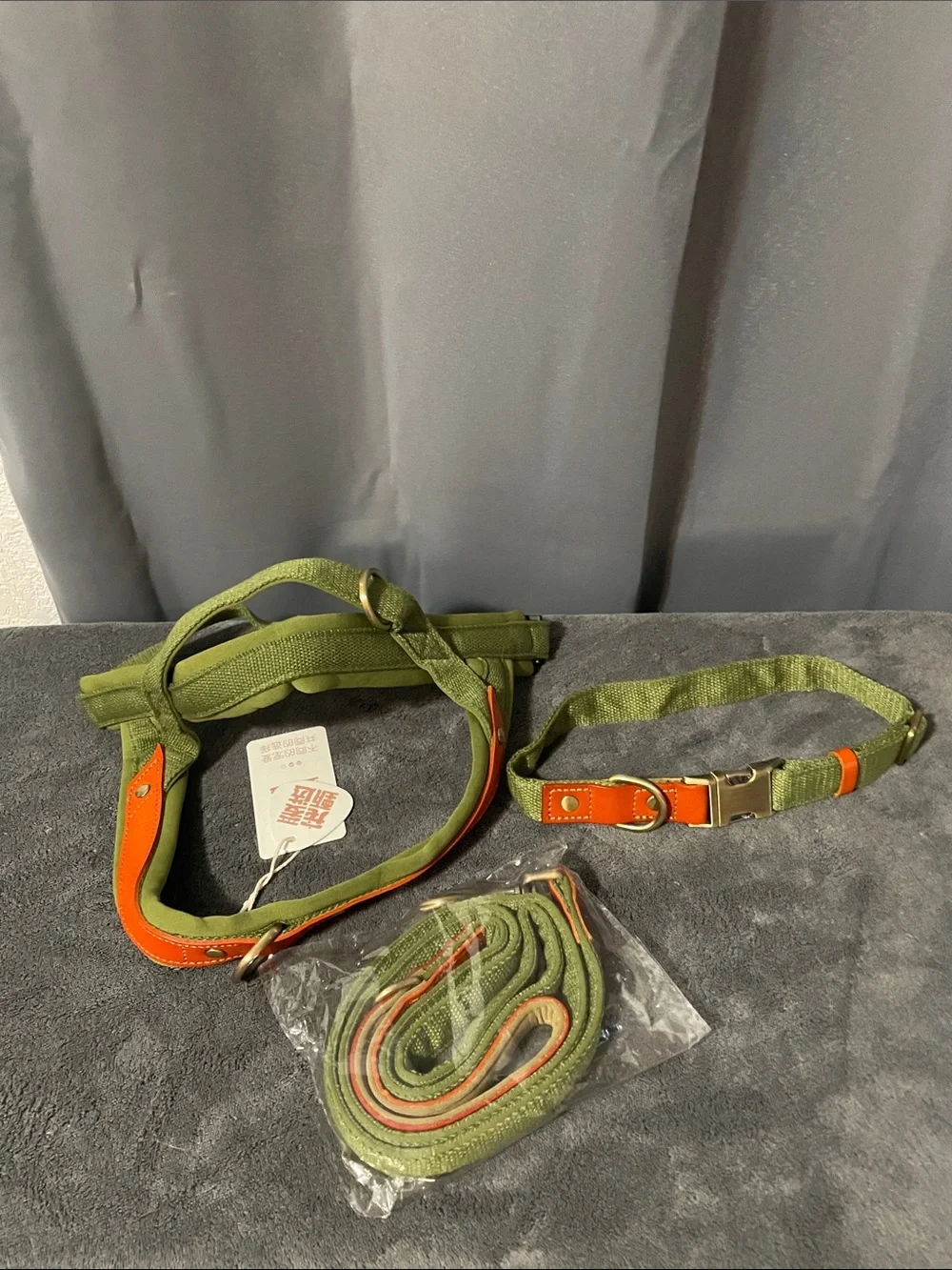 Olive Green & Orange Dog Harness and Leash Set